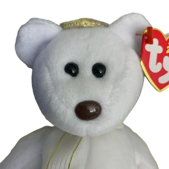 RARE HALO II Angel Bear TY Beanie White Gold Wings Brown Nose PE Pellets 2000 - Picture 2 of 7